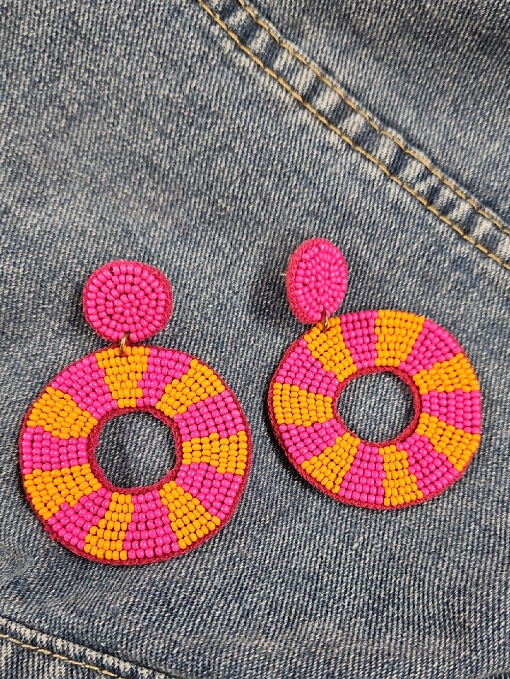Handmade Pink & Orange Beaded Hoop Drop Earrings